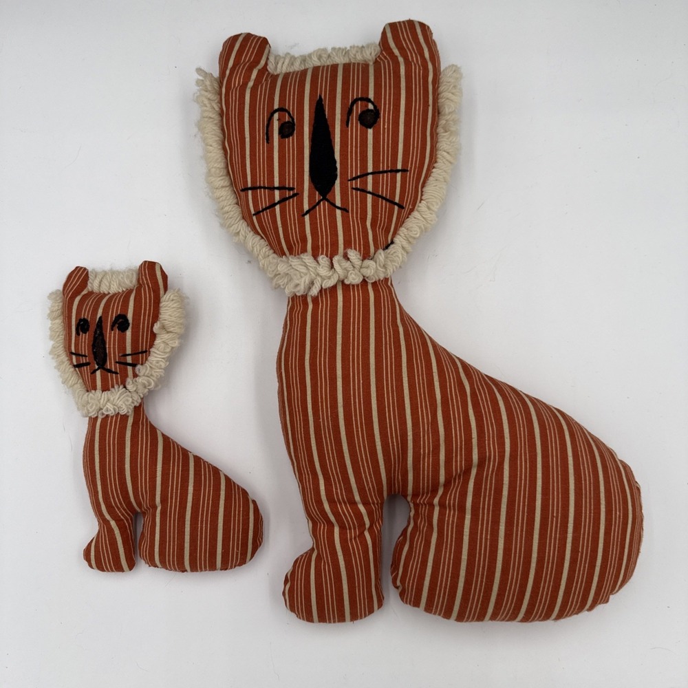 Vtg Handmade Primitive Stuffed Cat Dolls Orange Ticking Stripe Folk Art Pillows